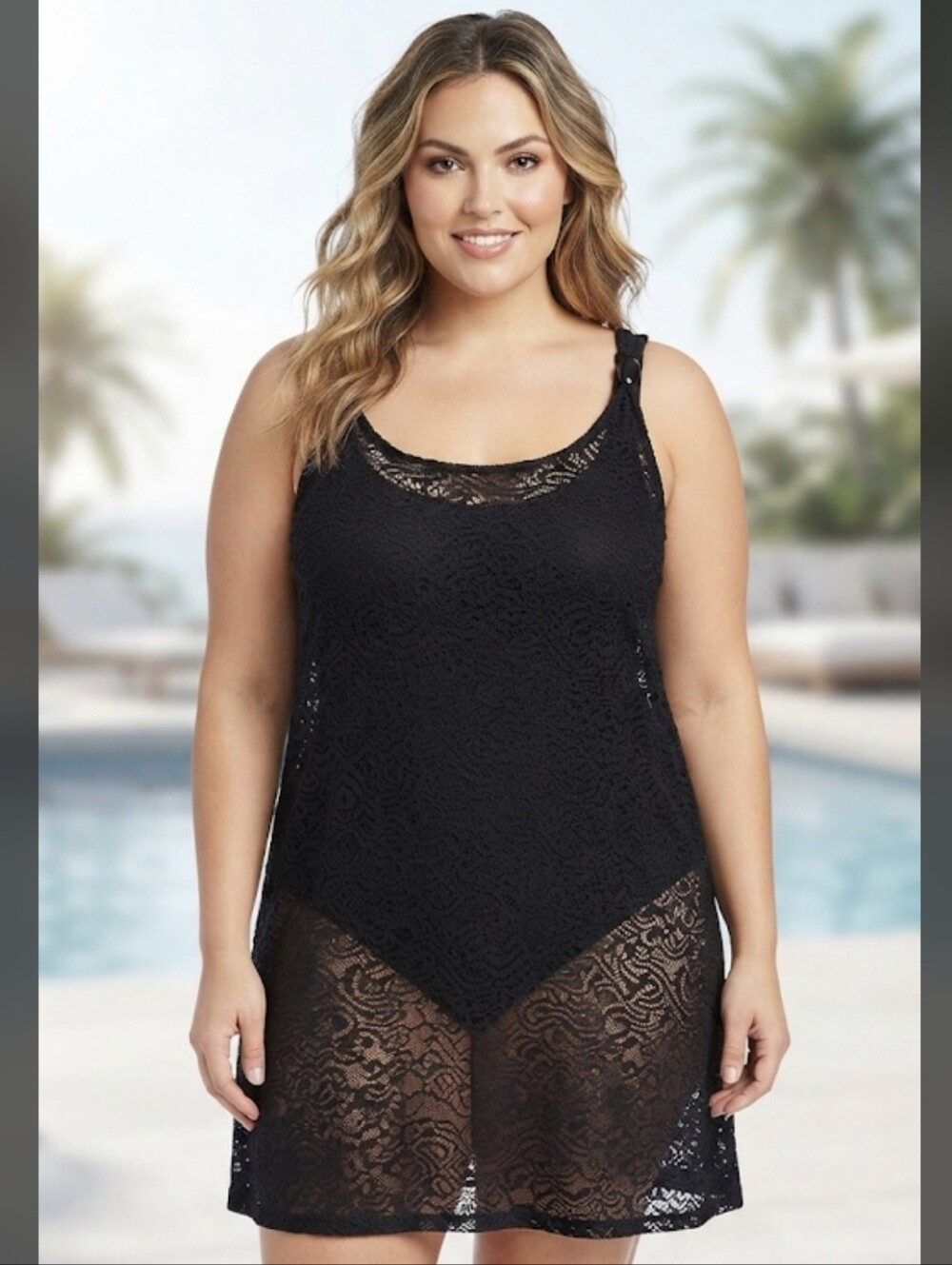 CROFT & BARROW Women's Black Lace Sleeveless Tank Swim Cover-Up Dress. XL